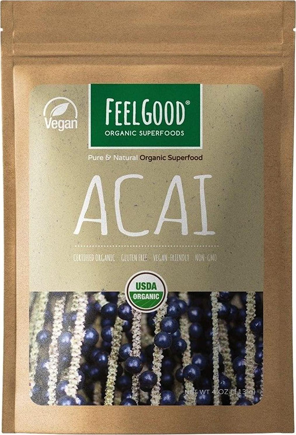 FeelGood Organic Superfoods Acai Powder, Vegan, Non-GMO, Gluten Free, Antioxidant for Acai Berry Tea, Acai Bowls, and Acai Smoothies, 4 oz