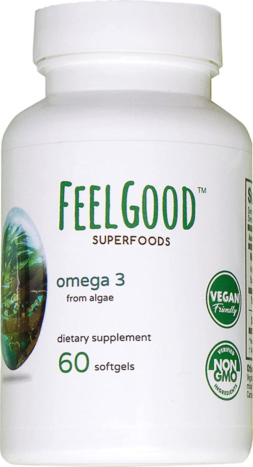 FeelGood Superfoods Vegan Omega-3 Supplement, DHA from Algae Supports Heart, Joint, Brain and Eye Health Non-GMO and Sustainably Sourced, 60 Softgels