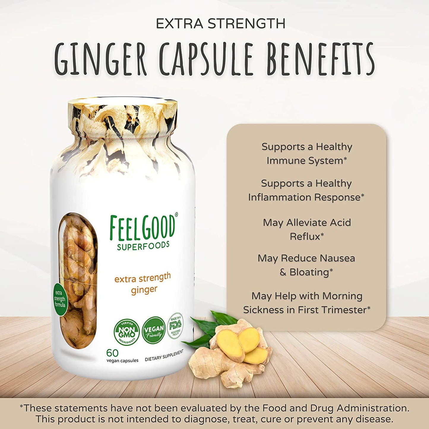 FeelGood Superfoods 1000mg Extra-Strength Ginger Root Capsules, Vegan Digestion Supplement Support for Nausea, Gas, and Bloating, 60 Count