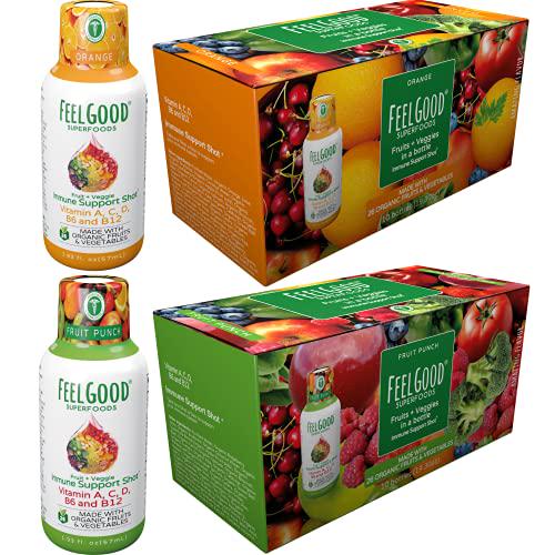 FeelGood Superfoods Immune Support Shot Supplements, 26 Organic Fruits and Veggies, Ready to Drink Immunity Booster, Orange and Fruit Punch Flavor, Combo Pack of 20