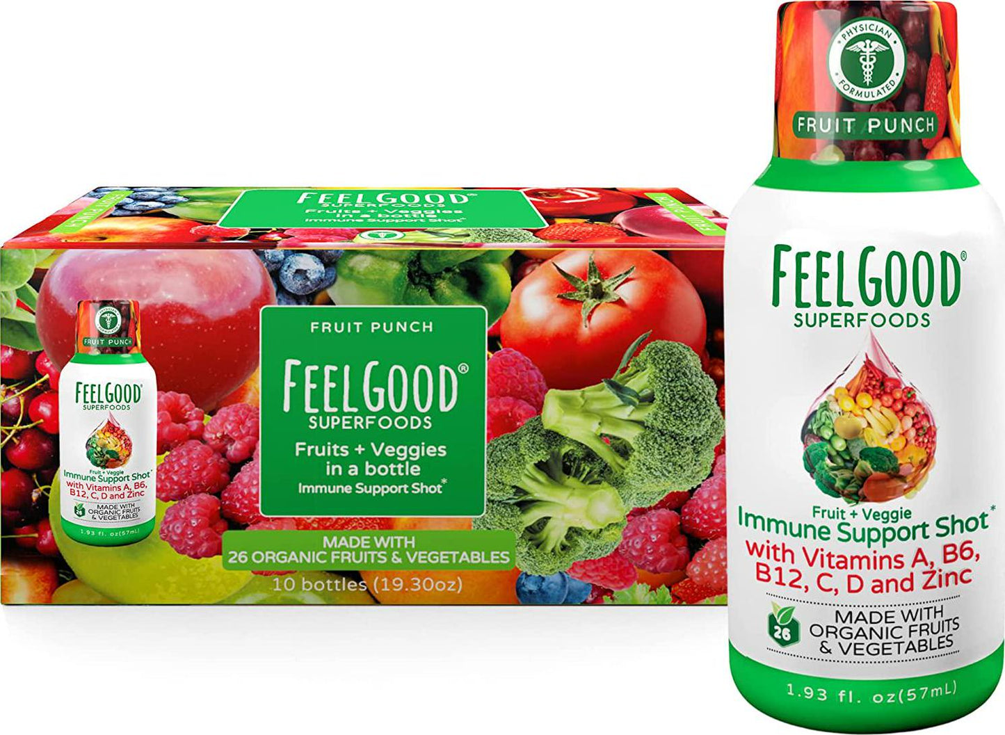 FeelGood Superfoods Immune Support Shot Supplements, Fruit Punch Flavor, Pack of 10, Immune Shots Made with 26 Organic Fruits and Veggies, Ready to Drink Immunity Booster