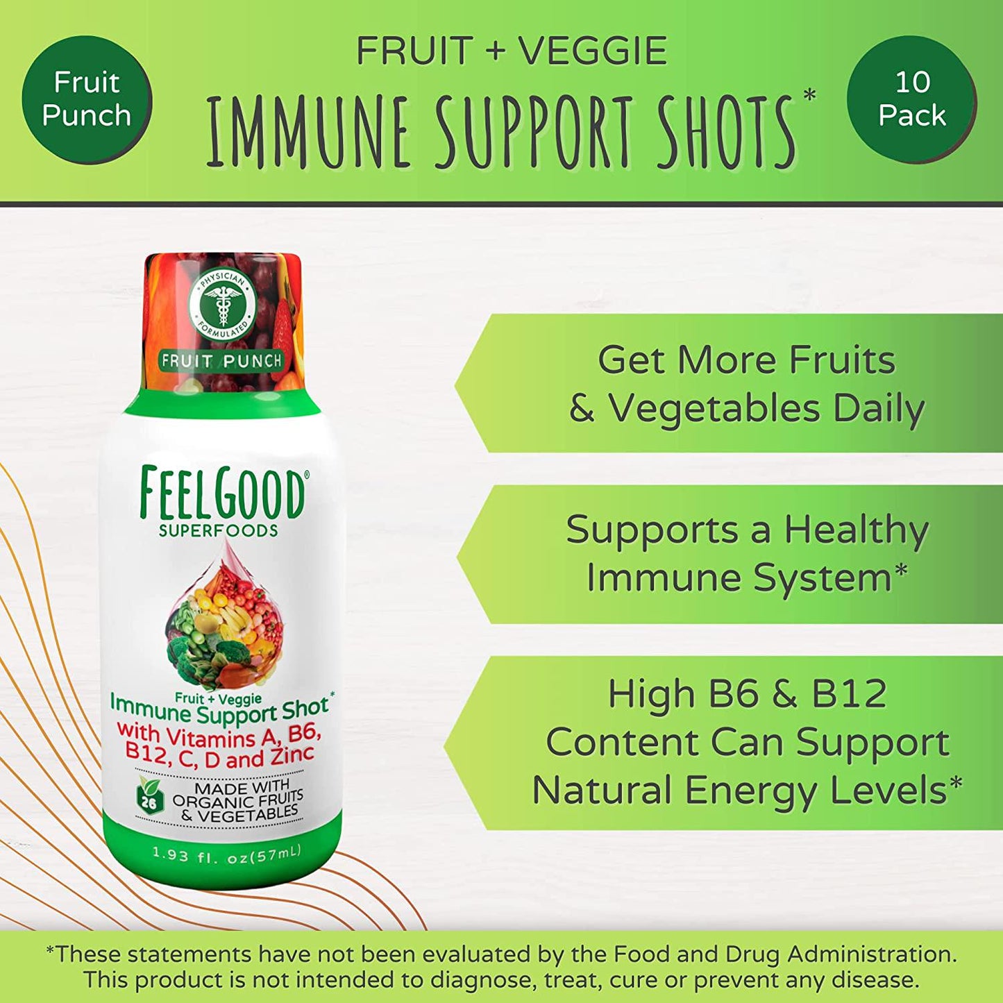 FeelGood Superfoods Immune Support Shot Supplements, Fruit Punch Flavor, Pack of 10, Immune Shots Made with 26 Organic Fruits and Veggies, Ready to Drink Immunity Booster