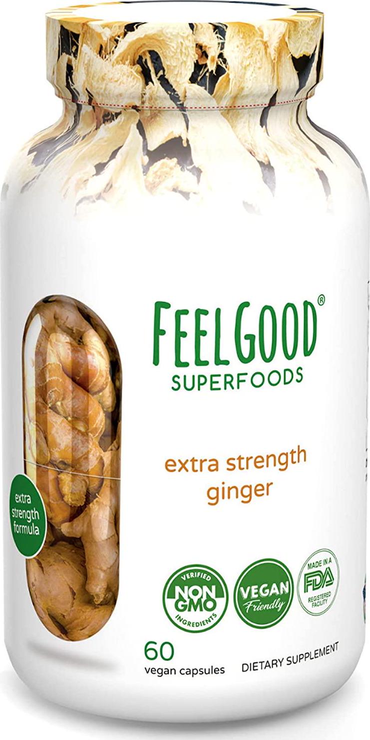 FeelGood Superfoods 1000mg Extra-Strength Ginger Root Capsules, Vegan Digestion Supplement Support for Nausea, Gas, and Bloating, 60 Count