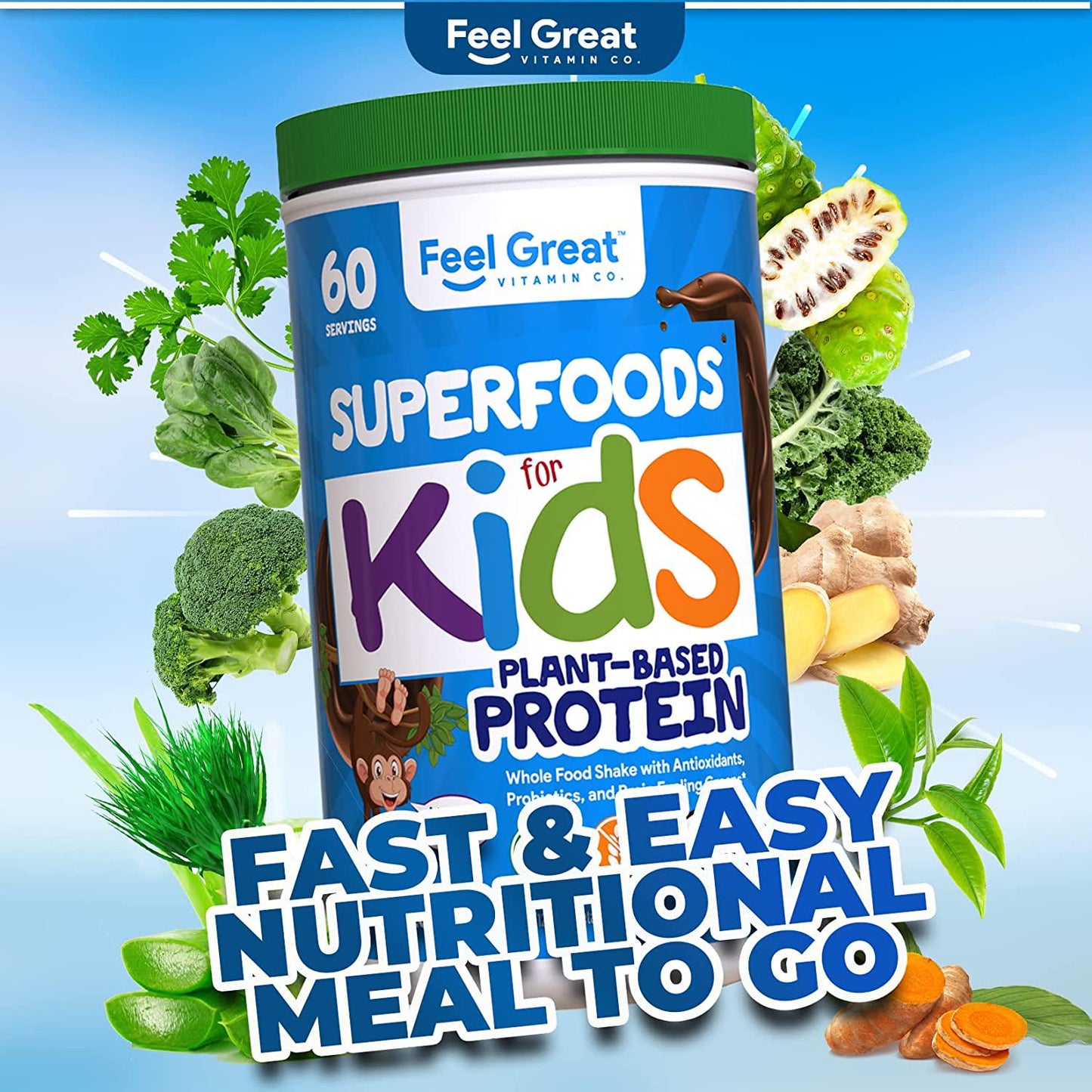 Feel Great 365 USDA Organic Green Superfood Kid’s Protein Powder (60 Day), Mocha Chocolate Vegan Smoothie Mix with Vitamins, Prebiotics, Probiotics, Antioxidants and Natural Enzyme Support, Gluten Free
