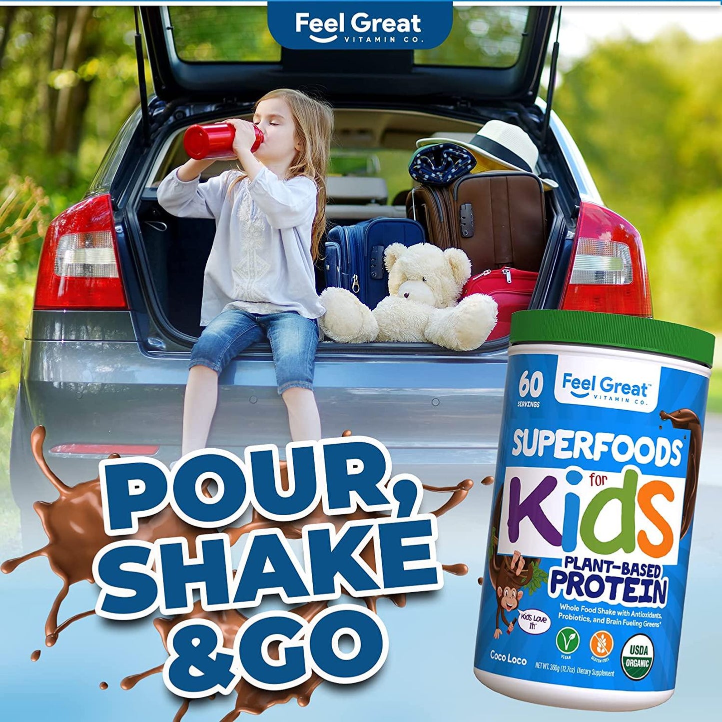 Feel Great 365 USDA Organic Green Superfood Kid’s Protein Powder (60 Day), Mocha Chocolate Vegan Smoothie Mix with Vitamins, Prebiotics, Probiotics, Antioxidants and Natural Enzyme Support, Gluten Free