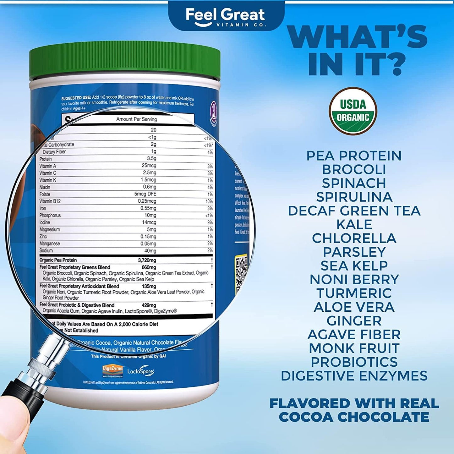 Feel Great 365 USDA Organic Green Superfood Kid’s Protein Powder (60 Day), Mocha Chocolate Vegan Smoothie Mix with Vitamins, Prebiotics, Probiotics, Antioxidants and Natural Enzyme Support, Gluten Free