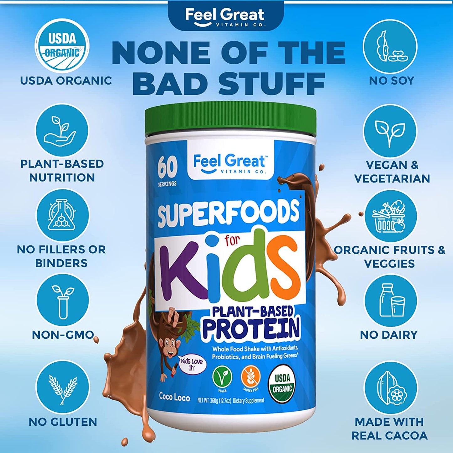 Feel Great 365 USDA Organic Green Superfood Kid’s Protein Powder (60 Day), Mocha Chocolate Vegan Smoothie Mix with Vitamins, Prebiotics, Probiotics, Antioxidants and Natural Enzyme Support, Gluten Free
