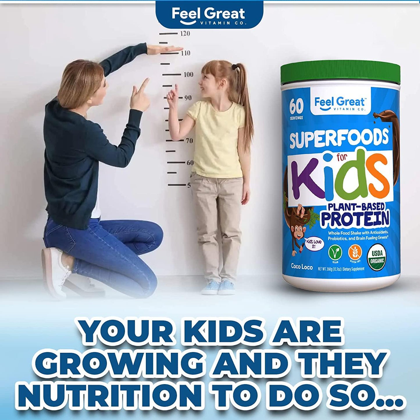 Feel Great 365 USDA Organic Green Superfood Kid’s Protein Powder (60 Day), Mocha Chocolate Vegan Smoothie Mix with Vitamins, Prebiotics, Probiotics, Antioxidants and Natural Enzyme Support, Gluten Free