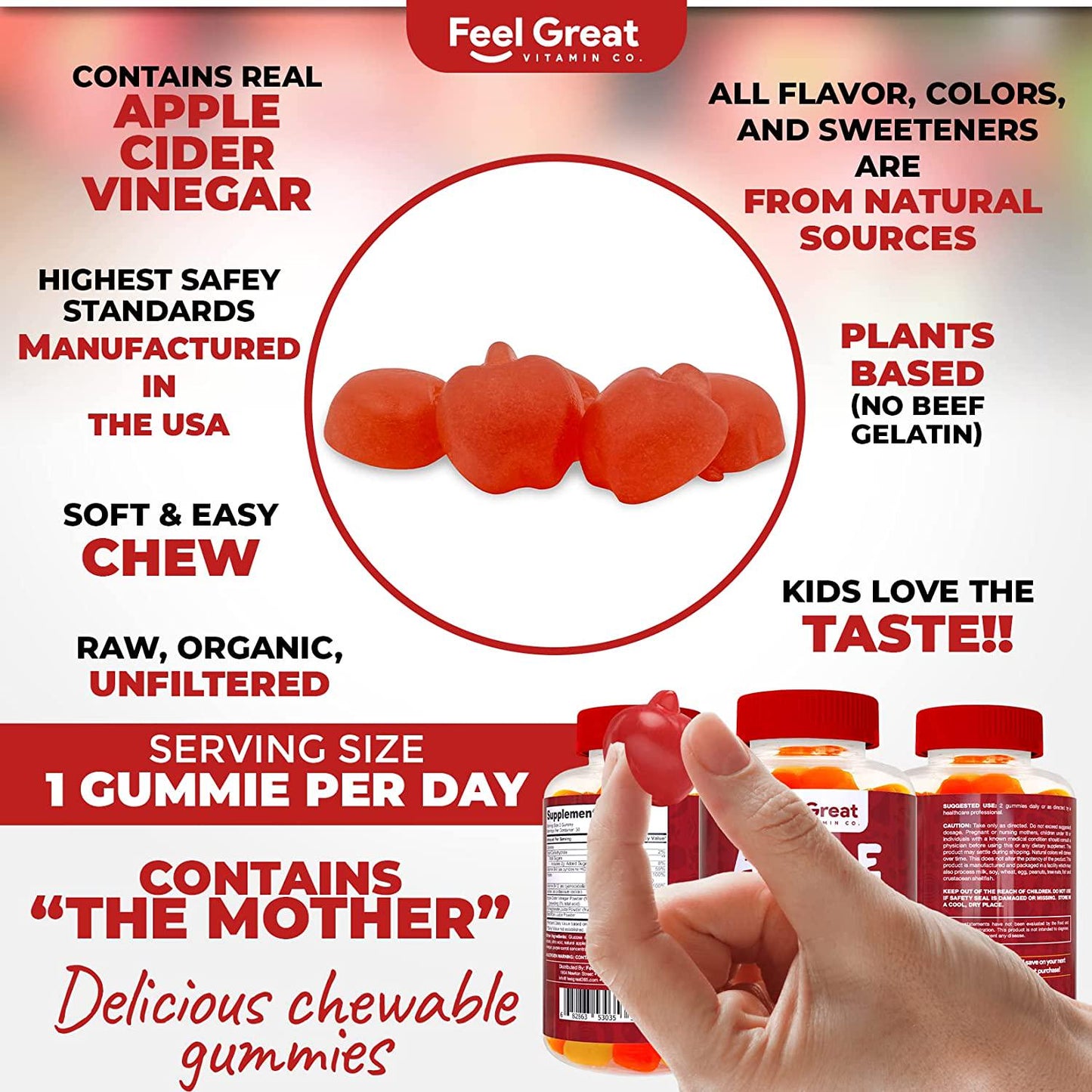 Feel Great Vitamin Co. Apple Cider Vinegar Gummies for Kids | Digestive and Immune Support | Natural Antioxidant | Supports Healthy Nutrient Absorption | 500mg of ACV per Serving | 60 Gummies