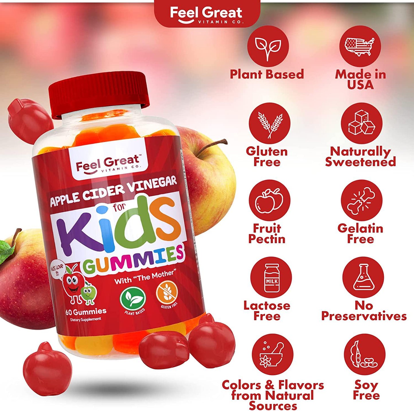 Feel Great Vitamin Co. Apple Cider Vinegar Gummies for Kids | Digestive and Immune Support | Natural Antioxidant | Supports Healthy Nutrient Absorption | 500mg of ACV per Serving | 60 Gummies