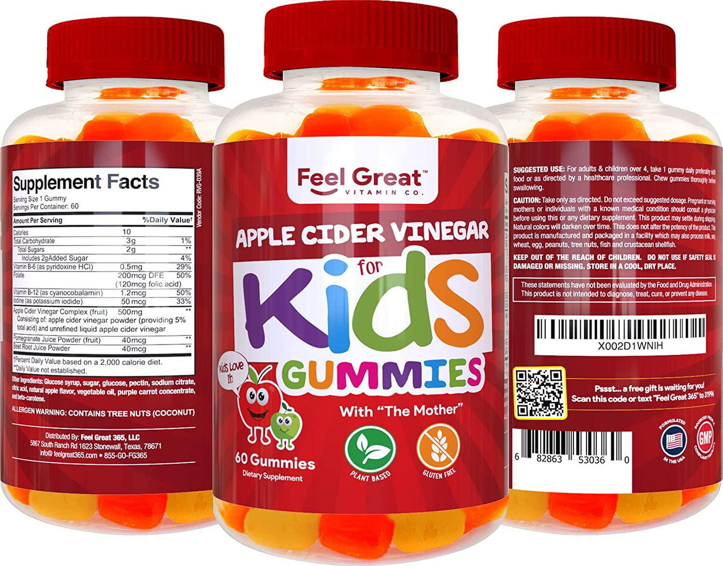 Feel Great Vitamin Co. Apple Cider Vinegar Gummies for Kids | Digestive and Immune Support | Natural Antioxidant | Supports Healthy Nutrient Absorption | 500mg of ACV per Serving | 60 Gummies