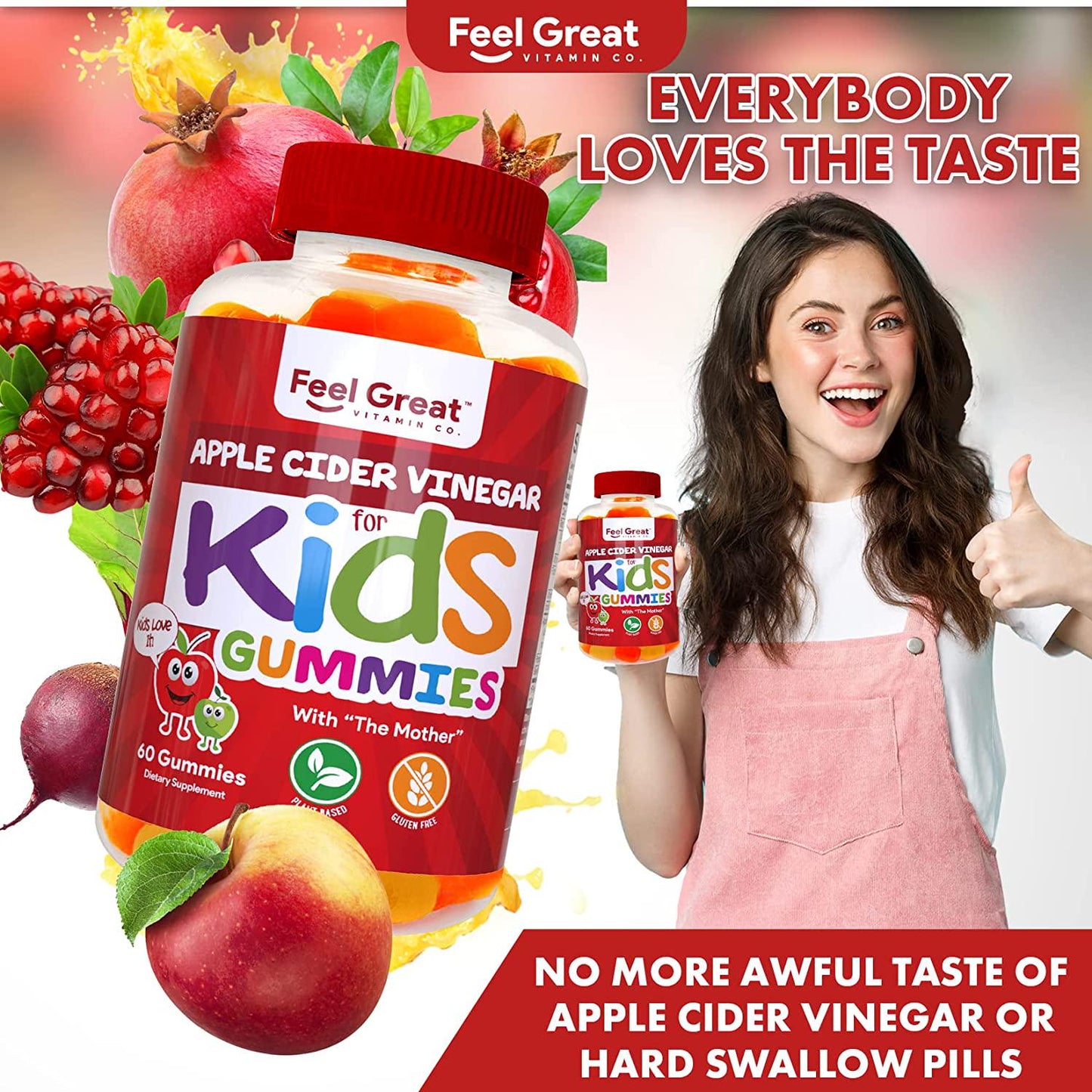 Feel Great Vitamin Co. Apple Cider Vinegar Gummies for Kids | Digestive and Immune Support | Natural Antioxidant | Supports Healthy Nutrient Absorption | 500mg of ACV per Serving | 60 Gummies