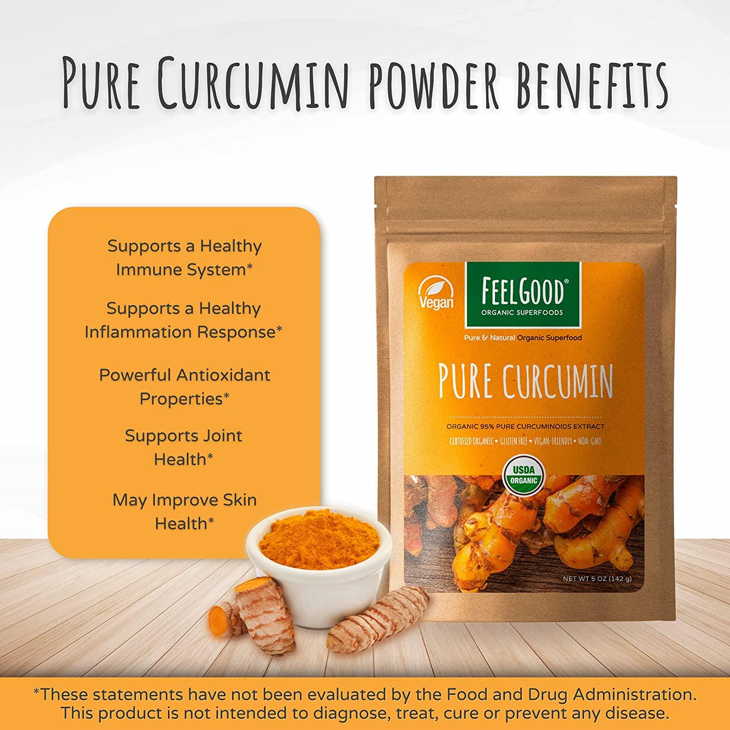Feelgood Superfoods Pure Curcumin Powder in a Resealable Bag, 5 oz