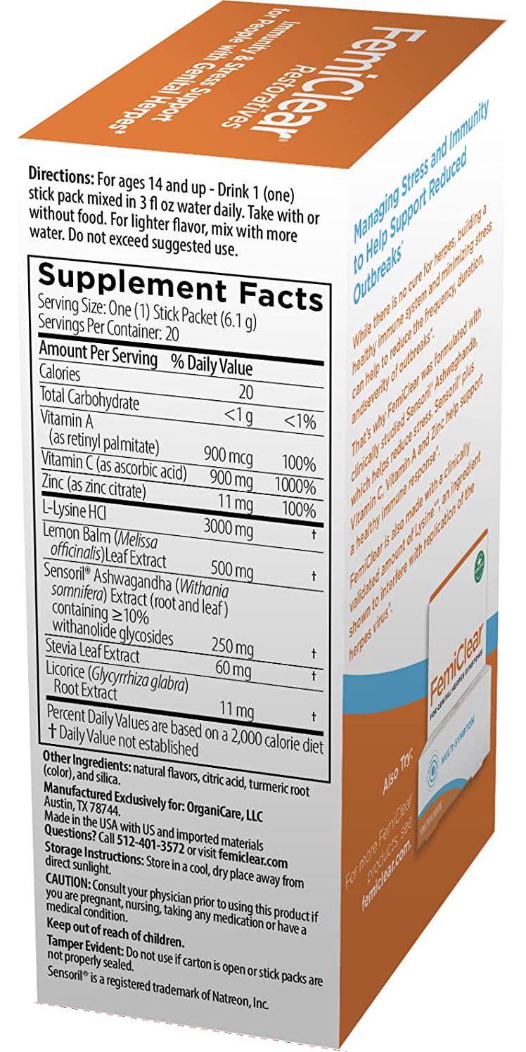 FemiClear Restoratives | Immunity and Stress Support with L-Lysine | Dietary Supplement Drink Mix | 20 Count