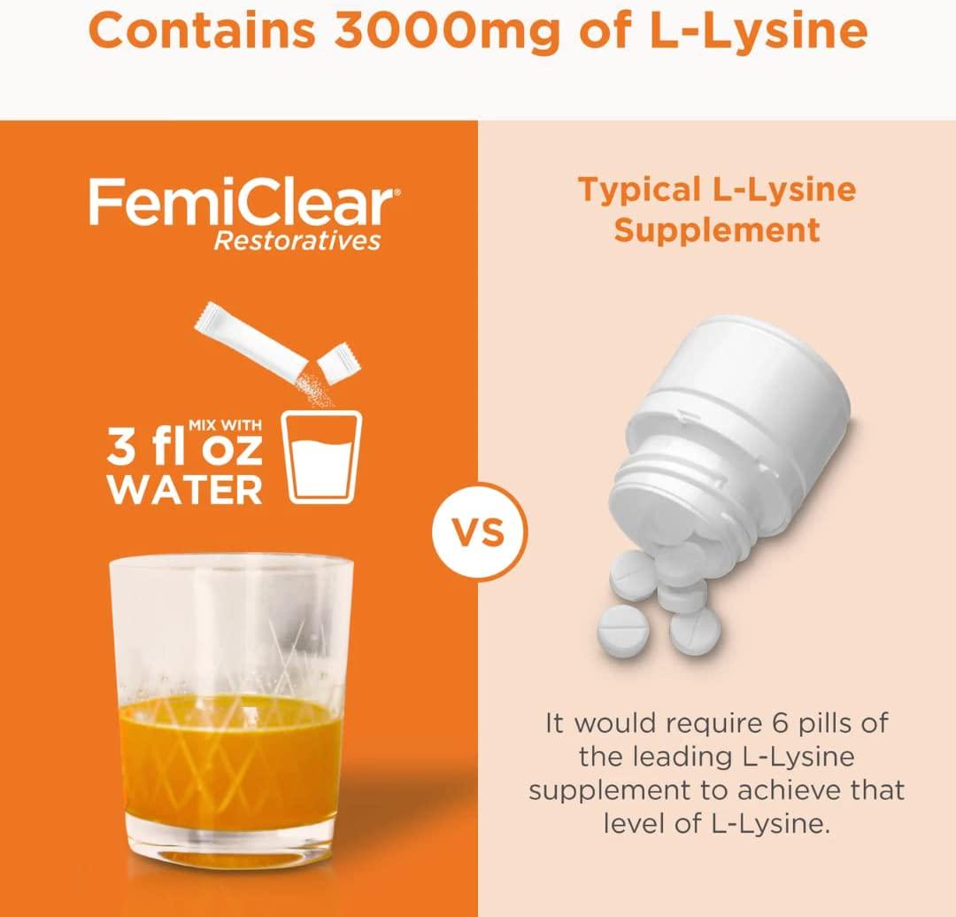 FemiClear Restoratives | Immunity and Stress Support with L-Lysine | Dietary Supplement Drink Mix | 20 Count