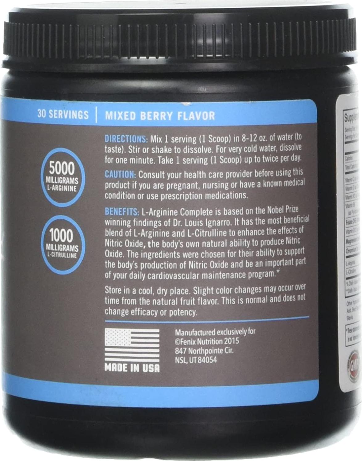 Fenix Nutrition L-Arginine Complete, Mixed Berry - 5000mg L Arginine, Nitric Oxide Booster, Natural Supplement, Increases Energy and Endurance