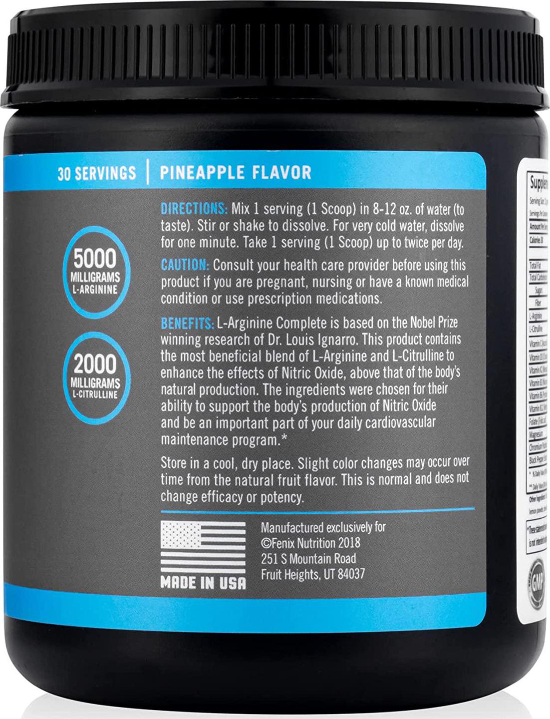 Fenix Nutrition L-Arginine Complete - Cardio Health | 5000mg L Arginine | Nitric Oxide Booster | Natural Supplement | Increases Energy and Endurance | Pineapple