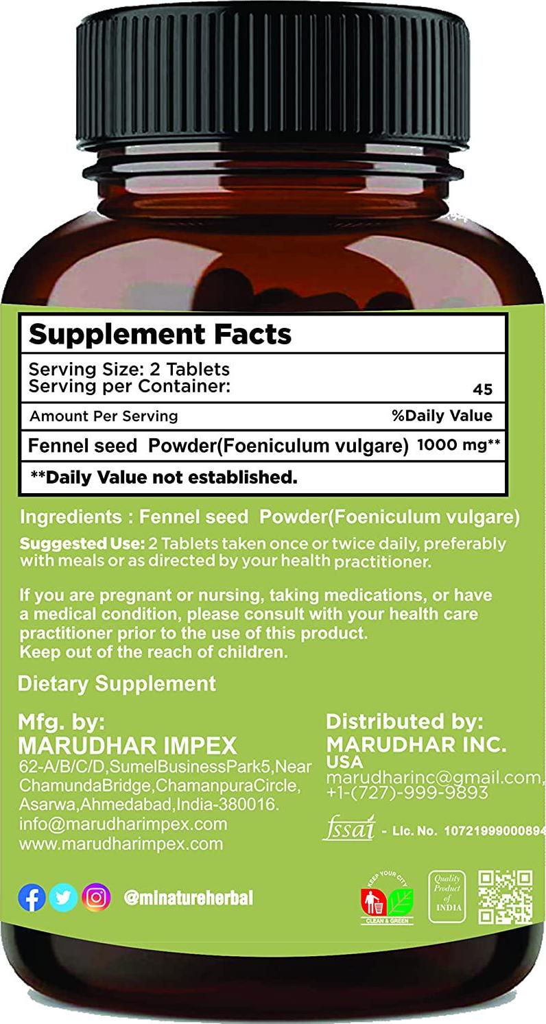 Fennel seed Tablets by mi Nature | 90 Tablets, 1000 mg | 45 Days Supply | Foeniculum vulgare| Promotes Digestion | Detoxification |Vegan | Supports Lactation