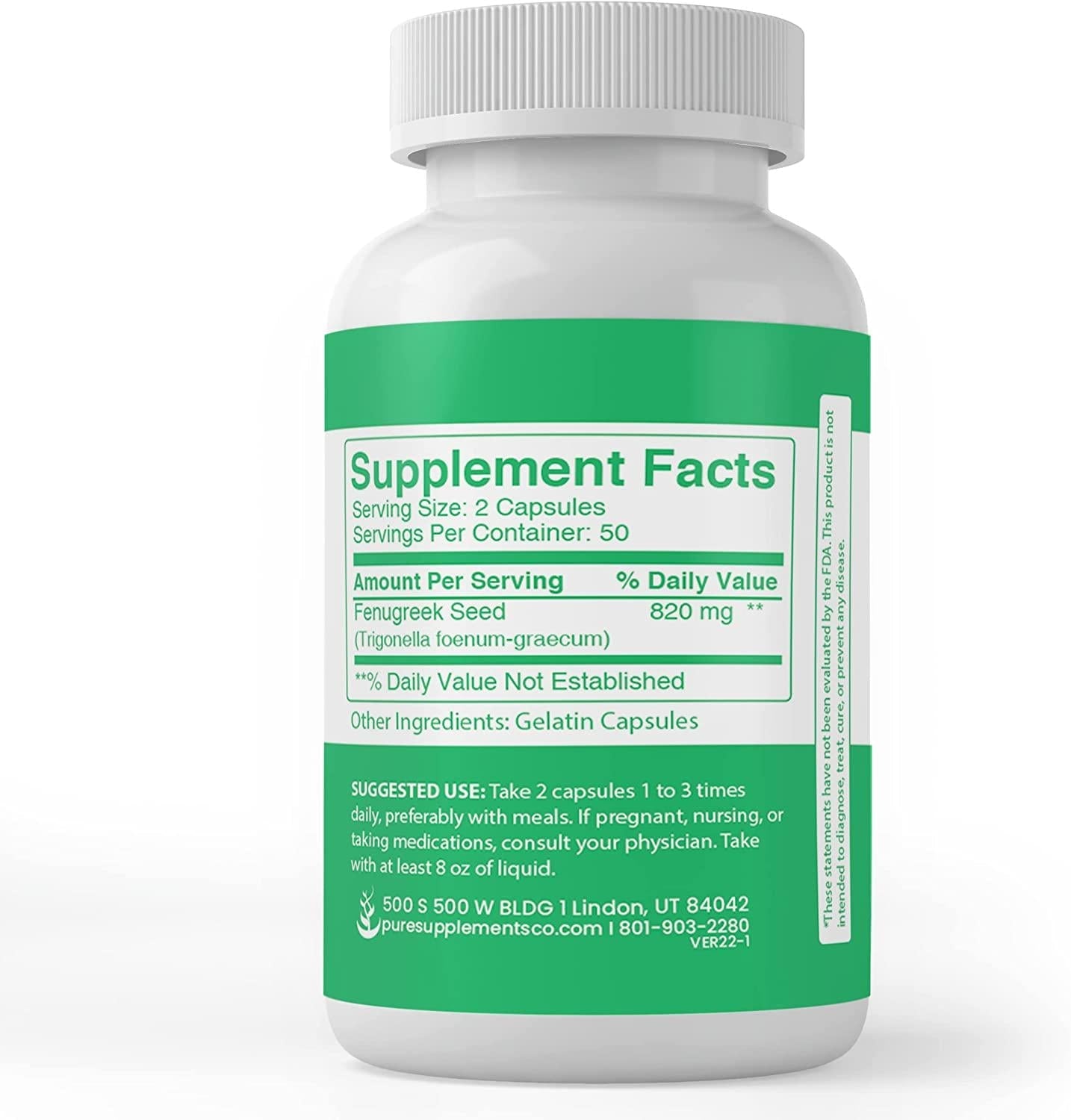 Fenugreek Seed (100 Capsules) 100% Pure and Naturally Sourced, Non-GMO and Gluten-Free, Made in USA (820 mg Serving)