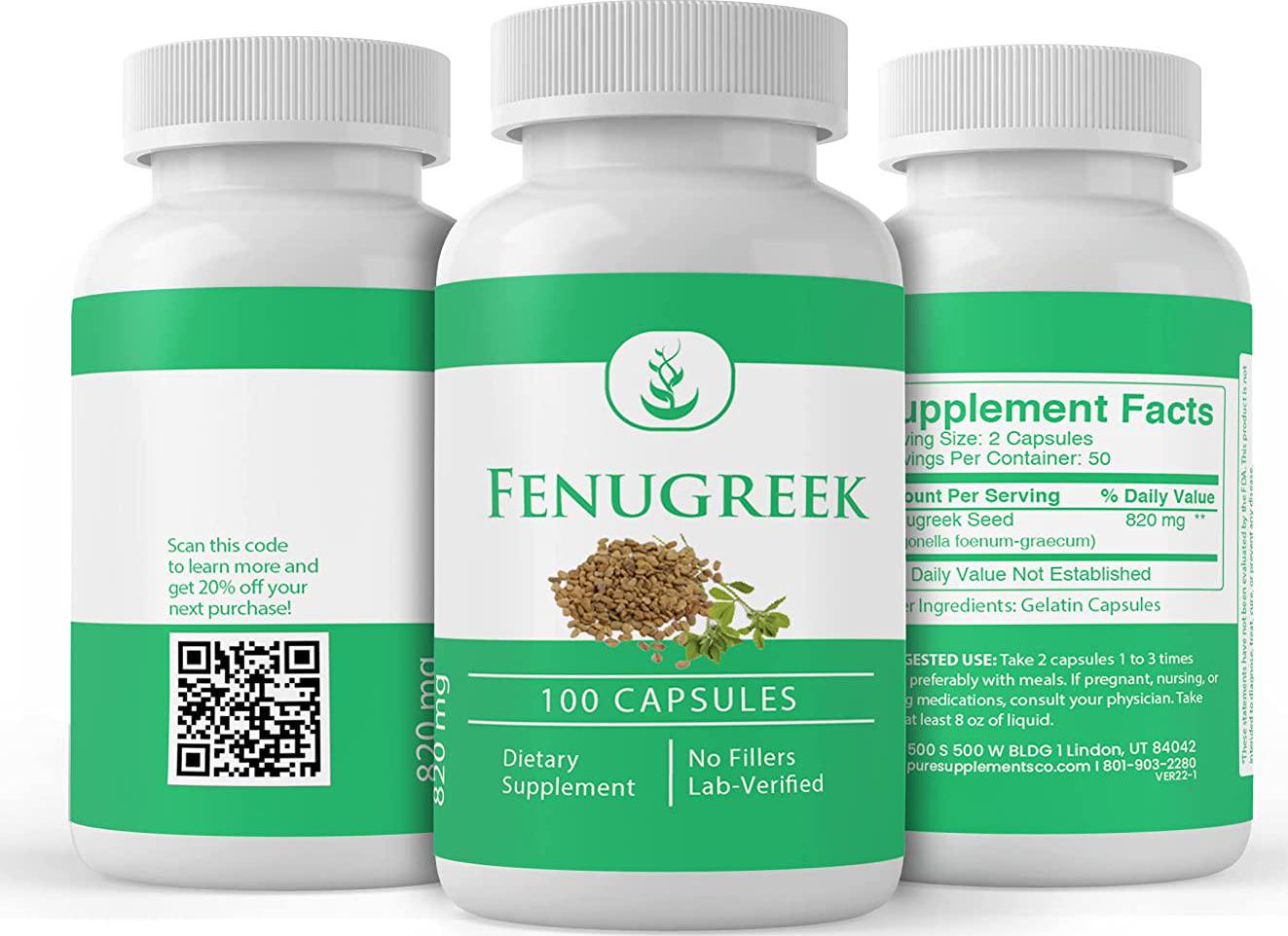 Fenugreek Seed (100 Capsules) 100% Pure and Naturally Sourced, Non-GMO and Gluten-Free, Made in USA (820 mg Serving)