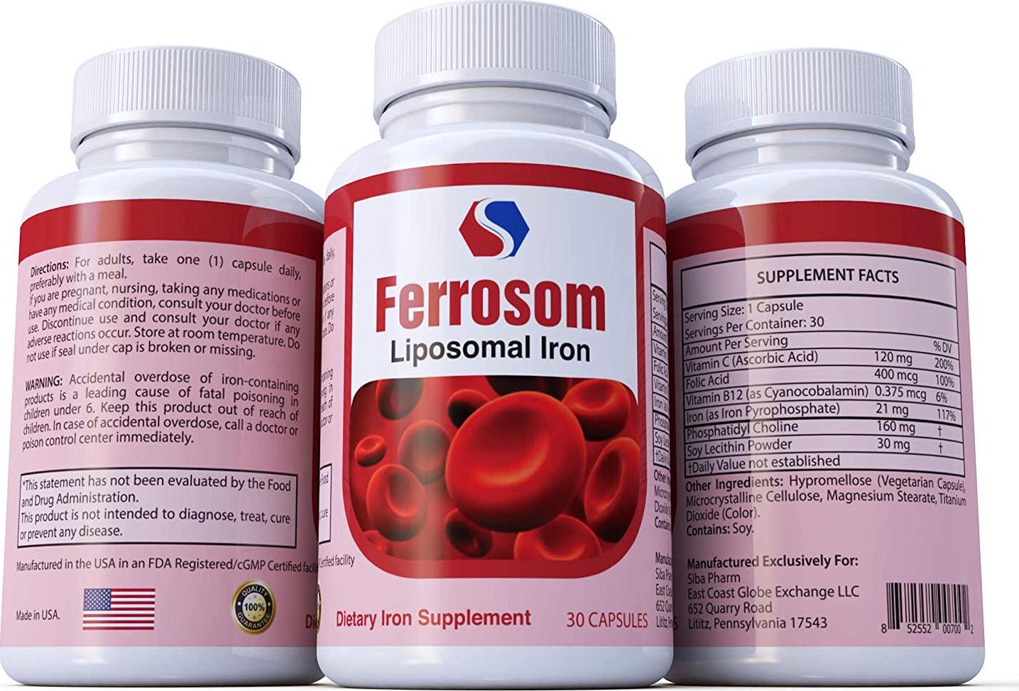 Ferrosom Iron Supplement by Siba Pharm – Liposomal Dietary Iron Vitamin – Rich in Vitamin C, B12, Folic Acid - Vegan