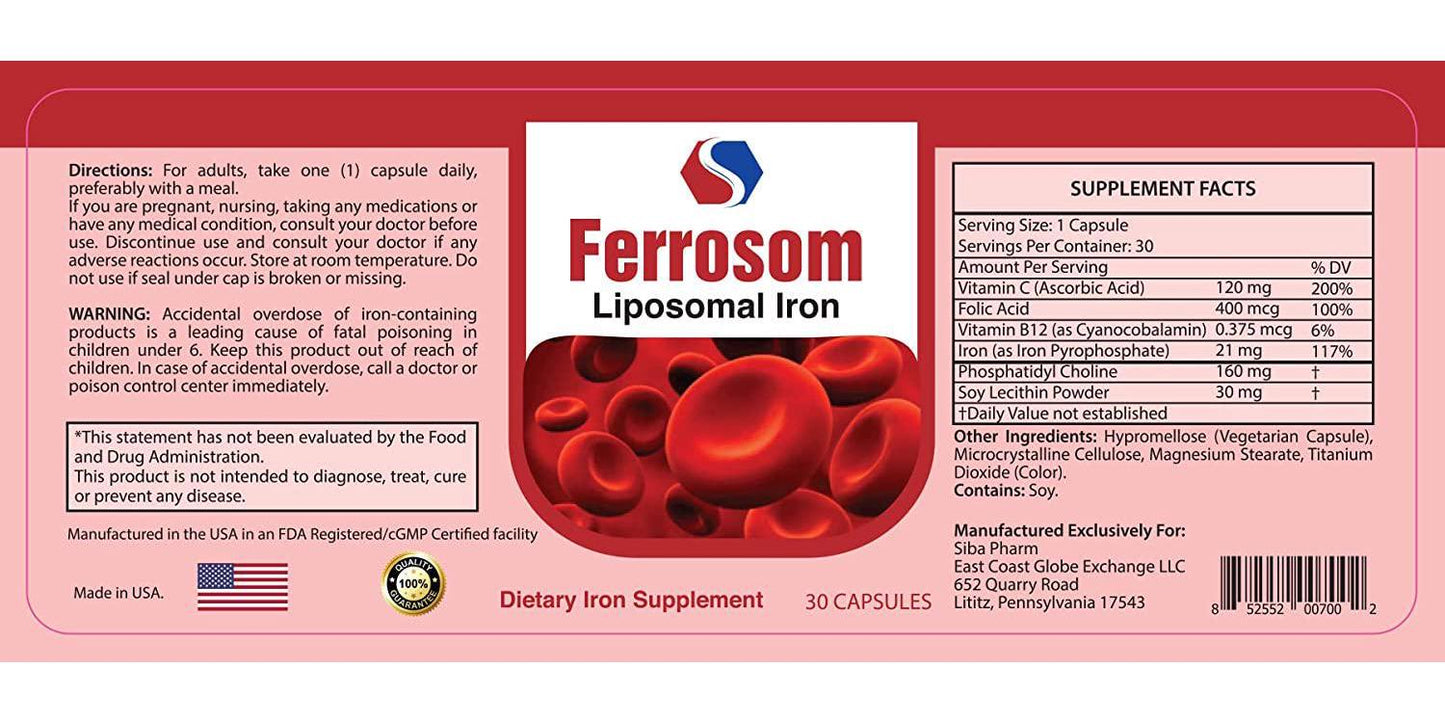 Ferrosom Iron Supplement by Siba Pharm – Liposomal Dietary Iron Vitamin – Rich in Vitamin C, B12, Folic Acid - Vegan