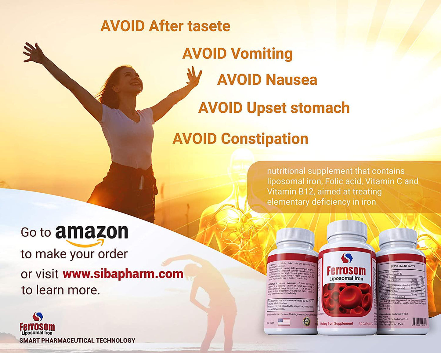 Ferrosom Iron Supplement by Siba Pharm – Liposomal Dietary Iron Vitamin – Rich in Vitamin C, B12, Folic Acid - Vegan