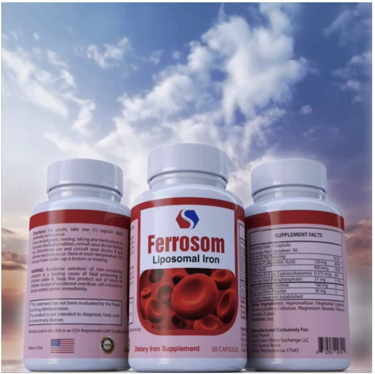 Ferrosom Iron Supplement by Siba Pharm – Liposomal Dietary Iron Vitamin – Rich in Vitamin C, B12, Folic Acid - Vegan