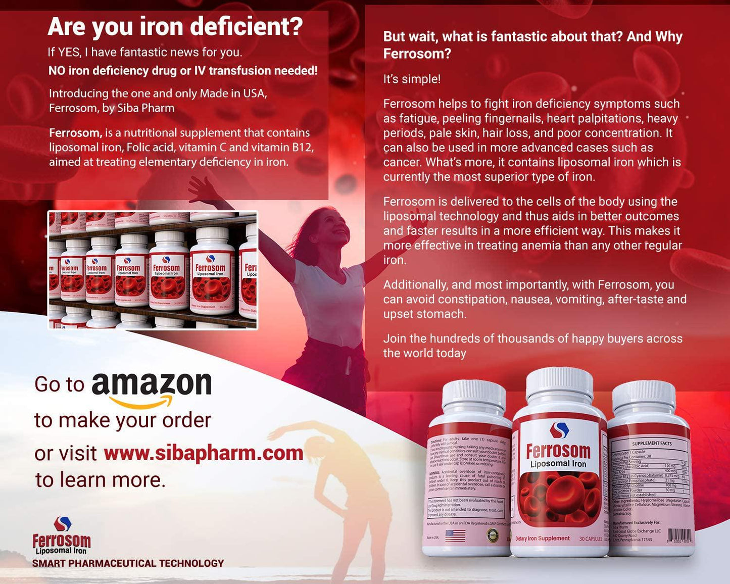 Ferrosom Iron Supplement by Siba Pharm – Liposomal Dietary Iron Vitamin – Rich in Vitamin C, B12, Folic Acid - Vegan