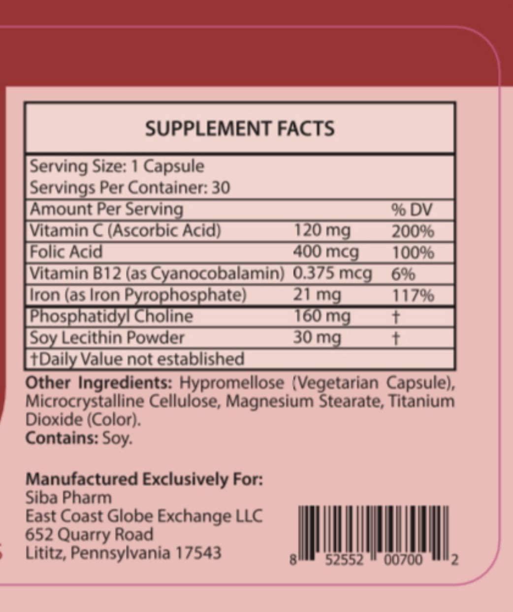 Ferrosom Iron Supplement by Siba Pharm – Liposomal Dietary Iron Vitamin – Rich in Vitamin C, B12, Folic Acid - Vegan