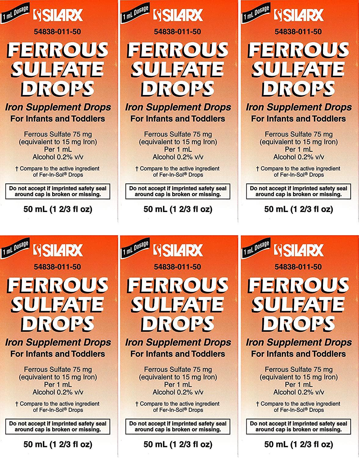 Ferrous Drops Iron Supplement Peppermint Flavor Generic for Enfamil Fer-In-Sol Iron Supplement Drops for Infants, Toddlers and Children Measuring Dropper Included 50 ml per Bottle Pack of 6