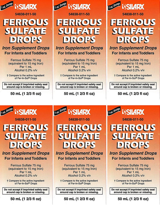 Ferrous Drops Iron Supplement Peppermint Flavor Generic for Enfamil Fer-In-Sol Iron Supplement Drops for Infants, Toddlers and Children Measuring Dropper Included 50 ml per Bottle Pack of 6