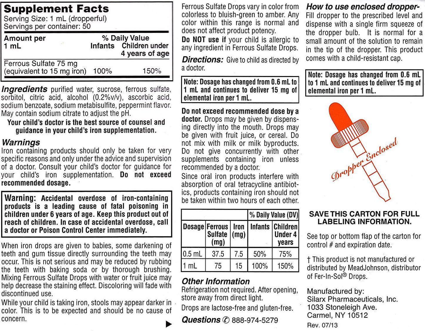 Ferrous Drops Iron Supplement Peppermint Flavor Generic for Enfamil Fer-In-Sol Iron Supplement Drops for Infants, Toddlers and Children Measuring Dropper Included 50 ml per Bottle Pack of 6