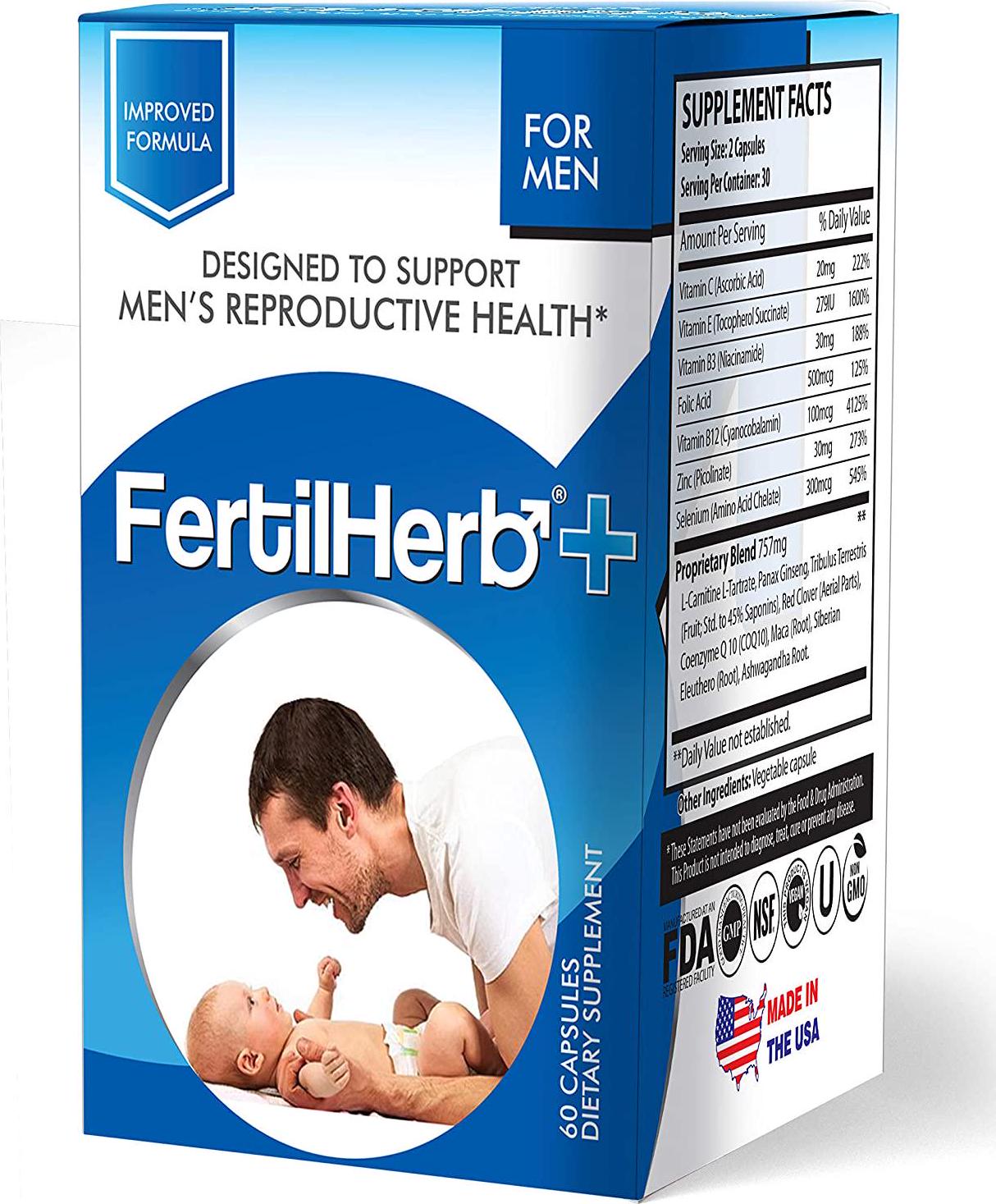 FertilHerbÂ + for Men Fertility Supplement | Doctor Recommended, All Natural, Antioxidants, Herbal Fertility Formula and Multivitamin for Men, 30 Servings Per Bottle