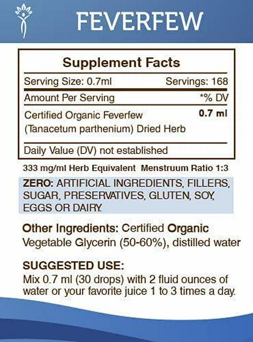 Feverfew Alcohol-Free Liquid Extract, Organic Feverfew (Tanacetum parthenium) Dried Herb Tincture Supplement (4 FL OZ)