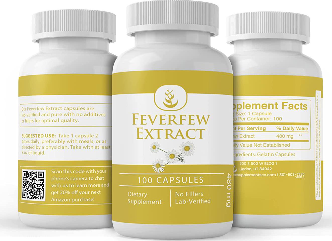 Feverfew Extract (100 Capsules) Traditional, Natural and Potent, Gluten-Free (480 mg Serving)