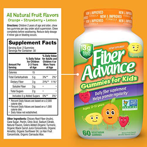 Fiber Advance Gummies for Kids | 100% Plant Based Fiber Supplement for Kids Digestive Health | Prebiotic Fiber Gummies to Promote Regularity | Vitamins for Kids | Gluten Free, Vegetarian, 60 Count