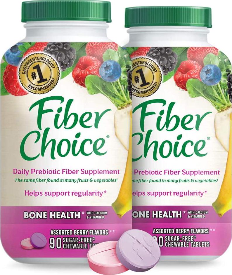 Fiber Choice Daily Prebiotic Fiber Chewable Tablets, Helps Support Regularity, Bone Health Plus Calcium and Vitamin D, 90 Count Sugar-Free Assorted Berry (Pack of 2)