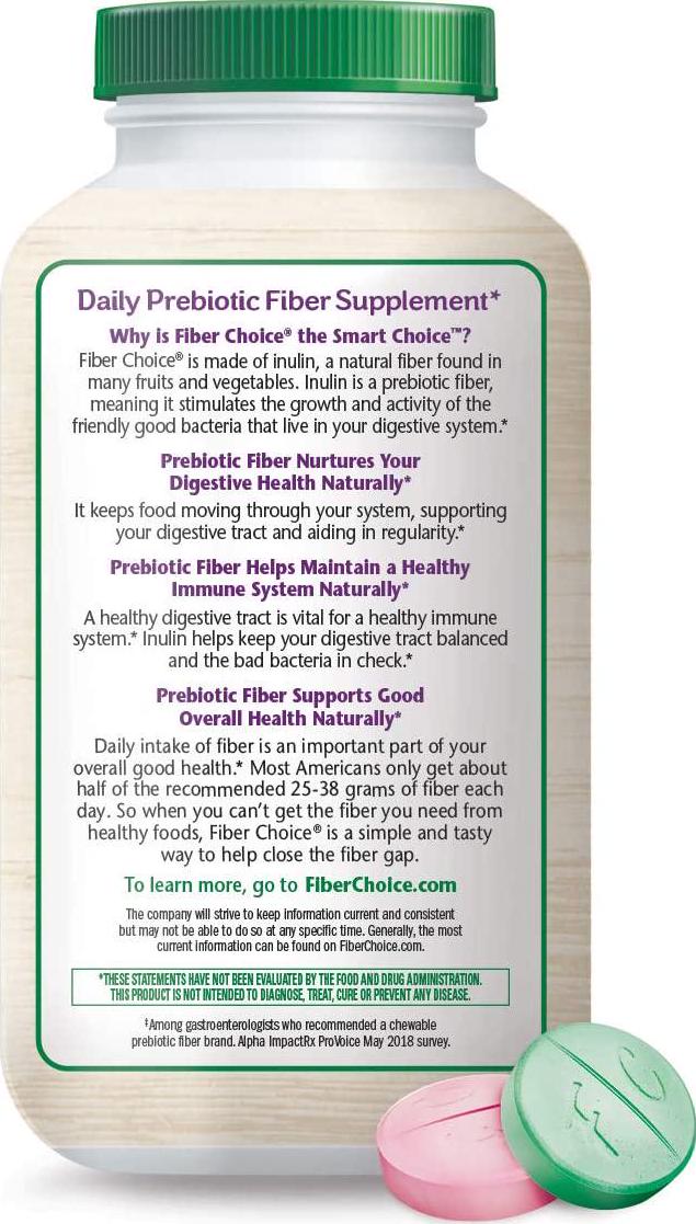 Fiber Choice Daily Prebiotic Fiber Chewable Tablets, Sugar-Free, #1 Gastroenterologist Recommended , Helps Support Regularity*, Prebiotic Fiber Helps Support Immune Function*, 90 Count Assorted Fruit