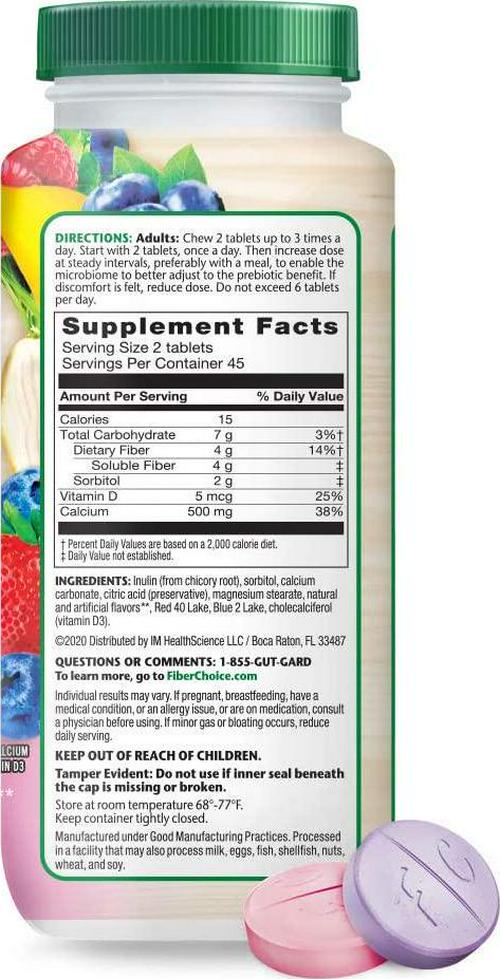 Fiber Choice Nutritional Prebiotic Supplement Sugar-Free Bone Health with Calcium and Vitamin D Tablet 90 Count