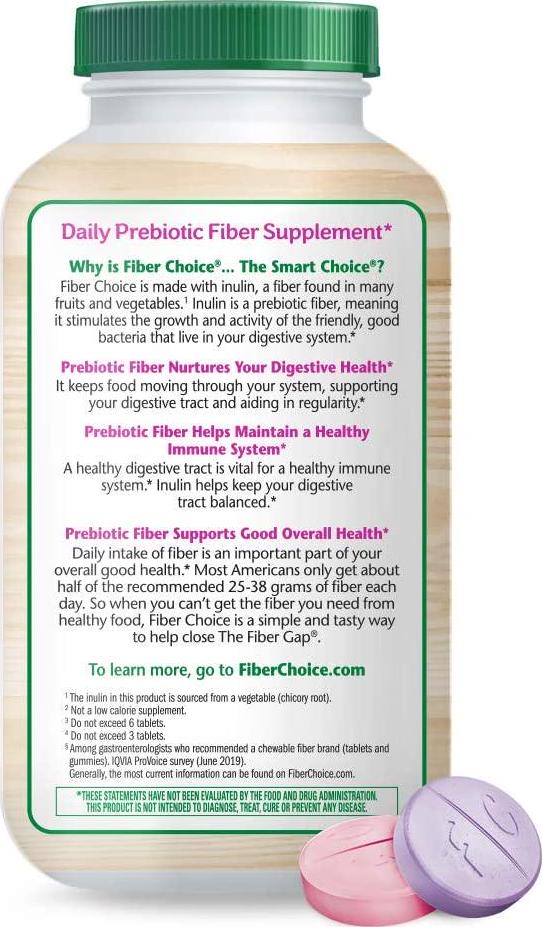 Fiber Choice Nutritional Prebiotic Supplement Sugar-Free Bone Health with Calcium and Vitamin D Tablet 90 Count