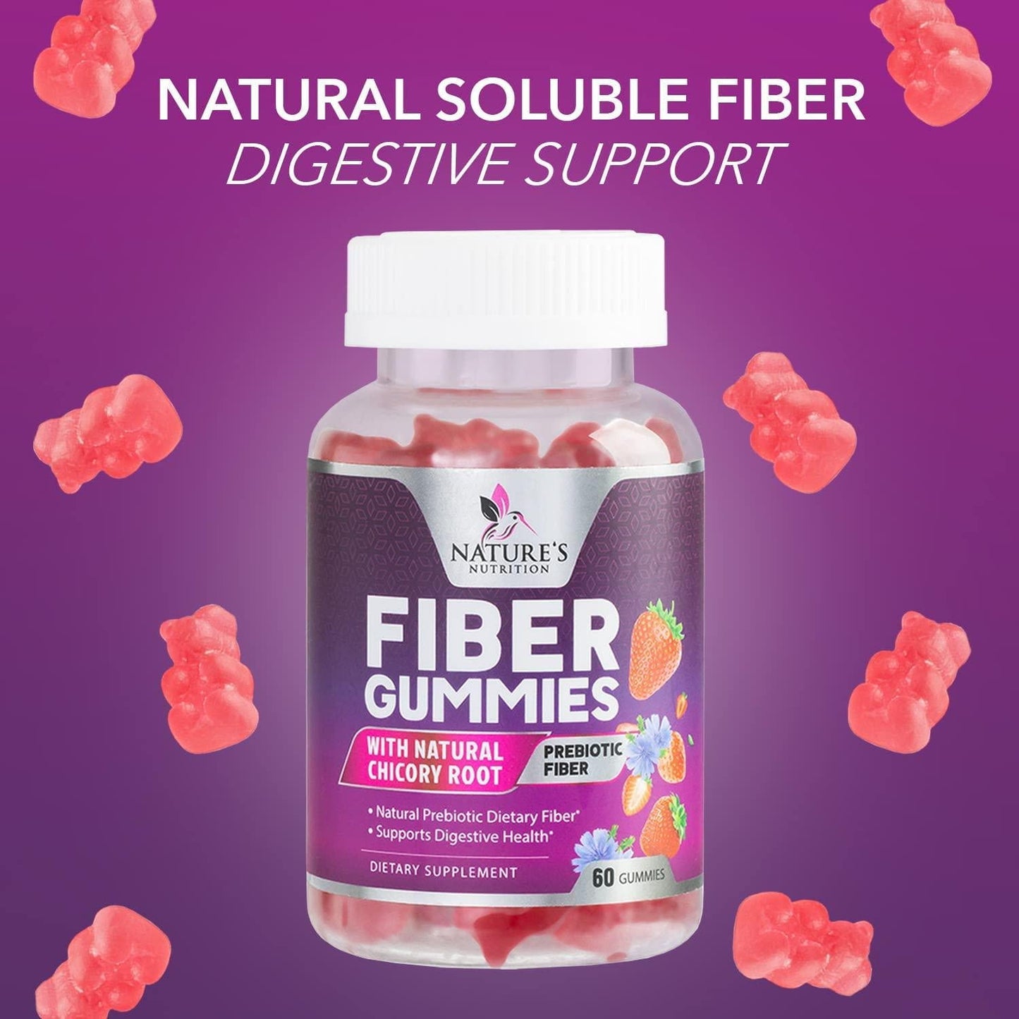 Fiber Gummies for Adults Extra Strength 4000mg - Daily Prebiotic Fiber Gummies - Delicious Strawberry Flavor - Natural Inulin Dietary Supplement for Digestion Support - 60 Vegan Gummies