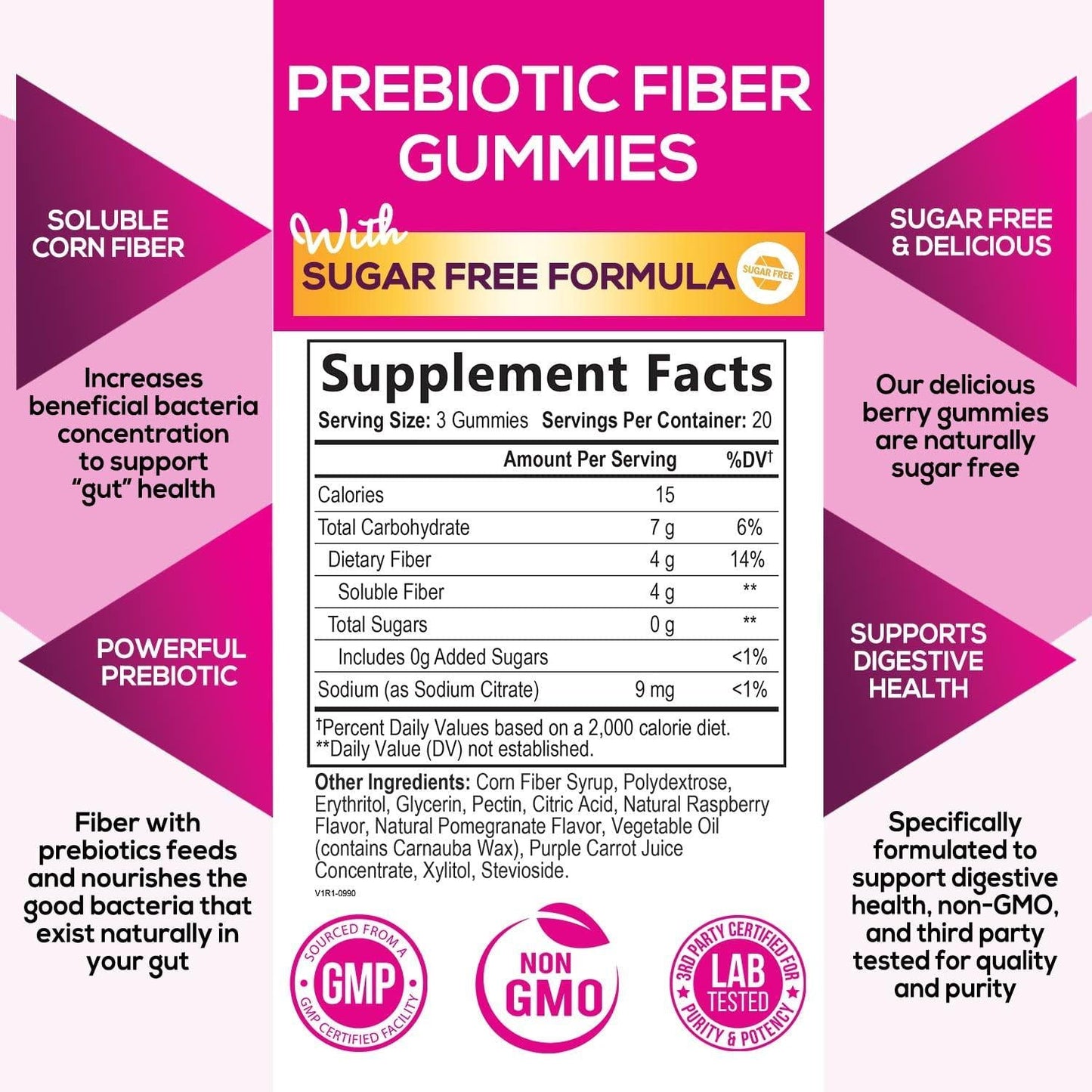 Fiber Gummies for Adults - Sugar Free and 4g per Serving - Natural Prebiotic Fiber Supplement Supports Digestive Health and Supports Regularity - Delicious Berry Flavor Gummy - 60 Gummies