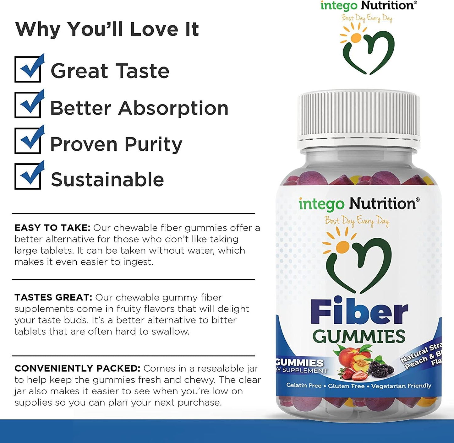 Fiber Gummies for Adults and Kids, 60 Count, Dietary Fiber Supplement Gummies for Digestive Health, Vegan Gummy Fiber Chews, High Fiber Gummies for Women and Men, Natural Fruity Flavors - Intego Nutrition