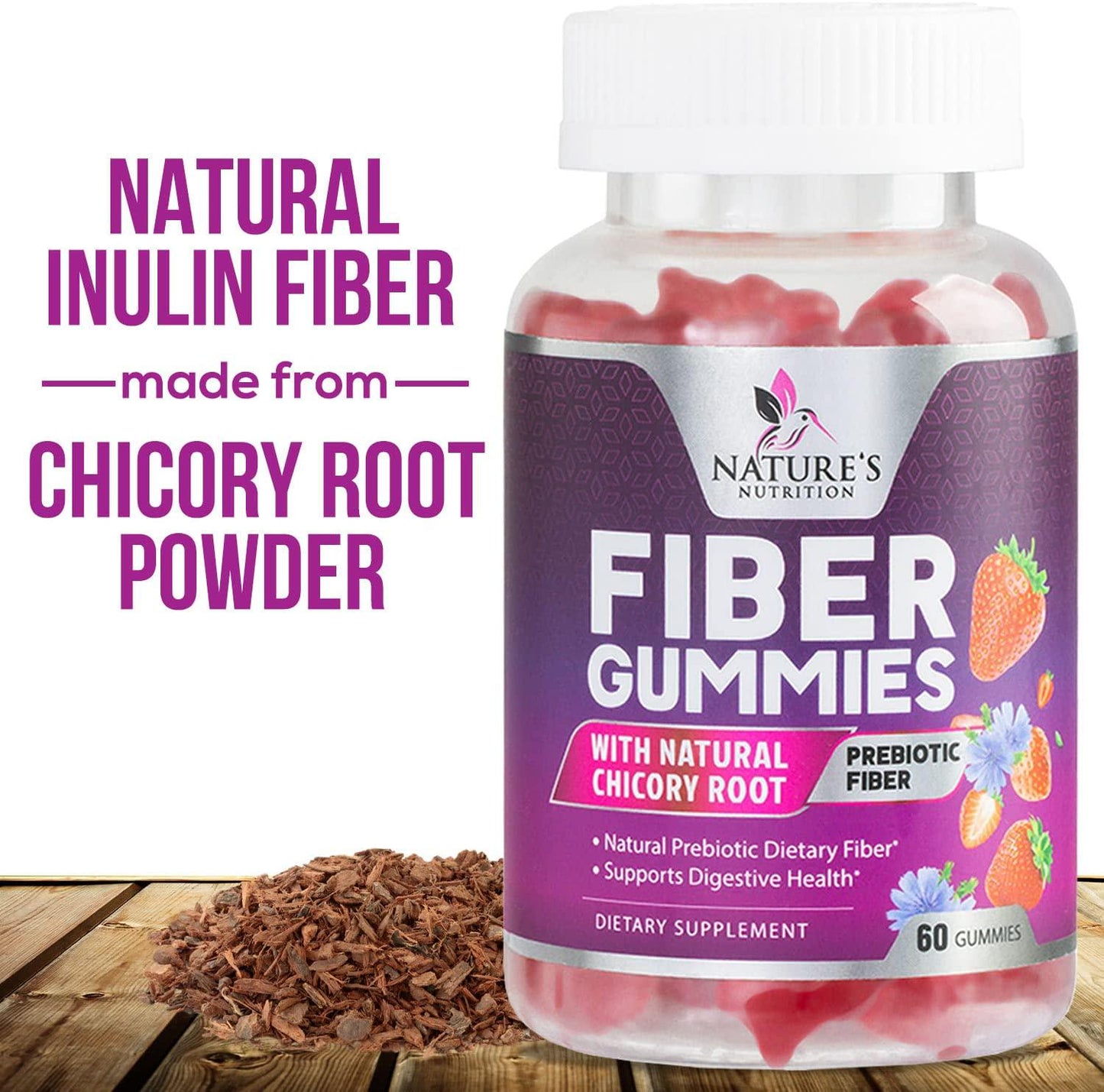 Fiber Gummies for Adults Extra Strength 4000mg - Daily Prebiotic Fiber Gummies - Delicious Strawberry Flavor - Natural Inulin Dietary Supplement for Digestion Support - 60 Vegan Gummies