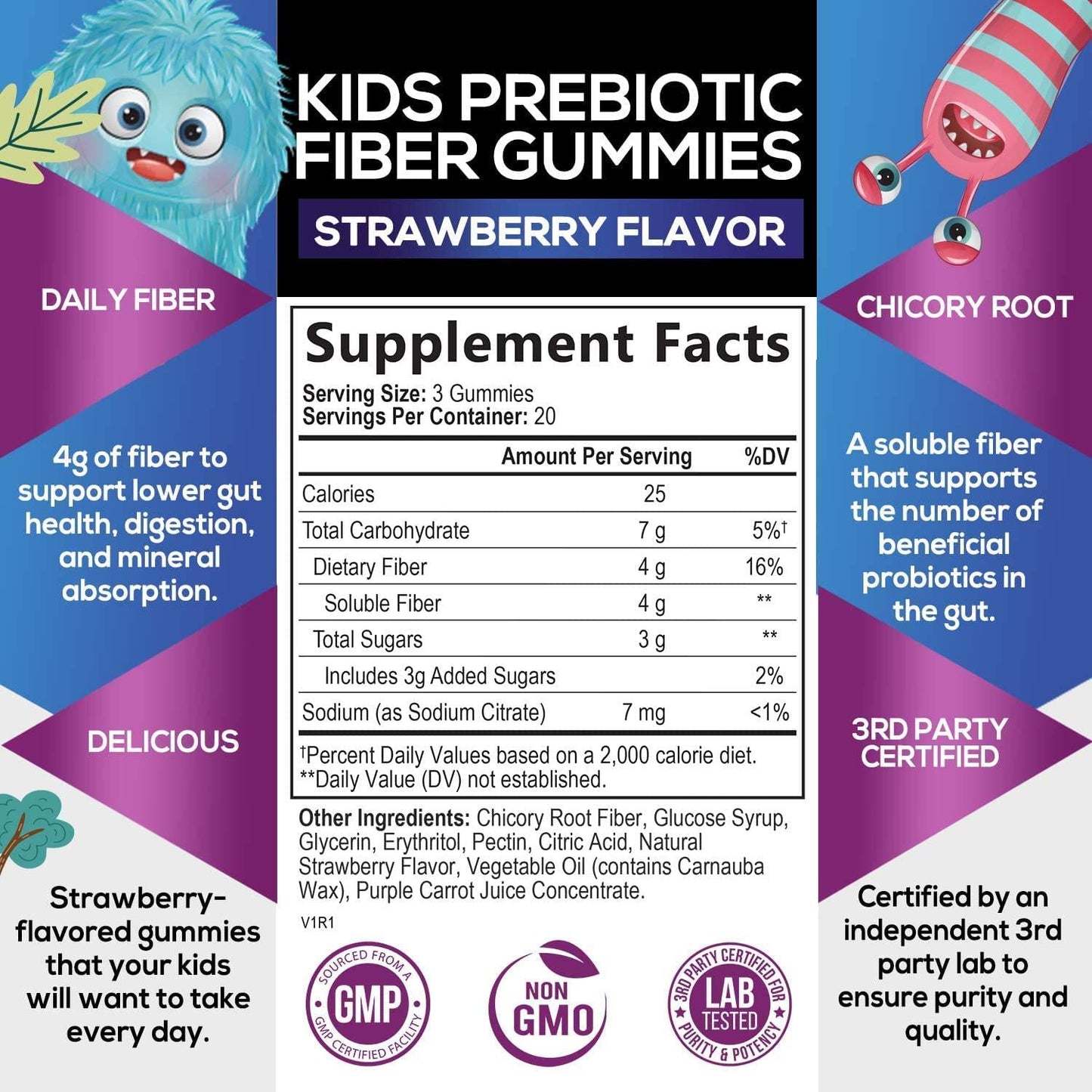 Fiber Gummies for Kids - Natural Dietary Fiber Supplement Supports Digestive Health with Chicory Root - Yummy Strawberry Flavor Gummy - 60 Gummies