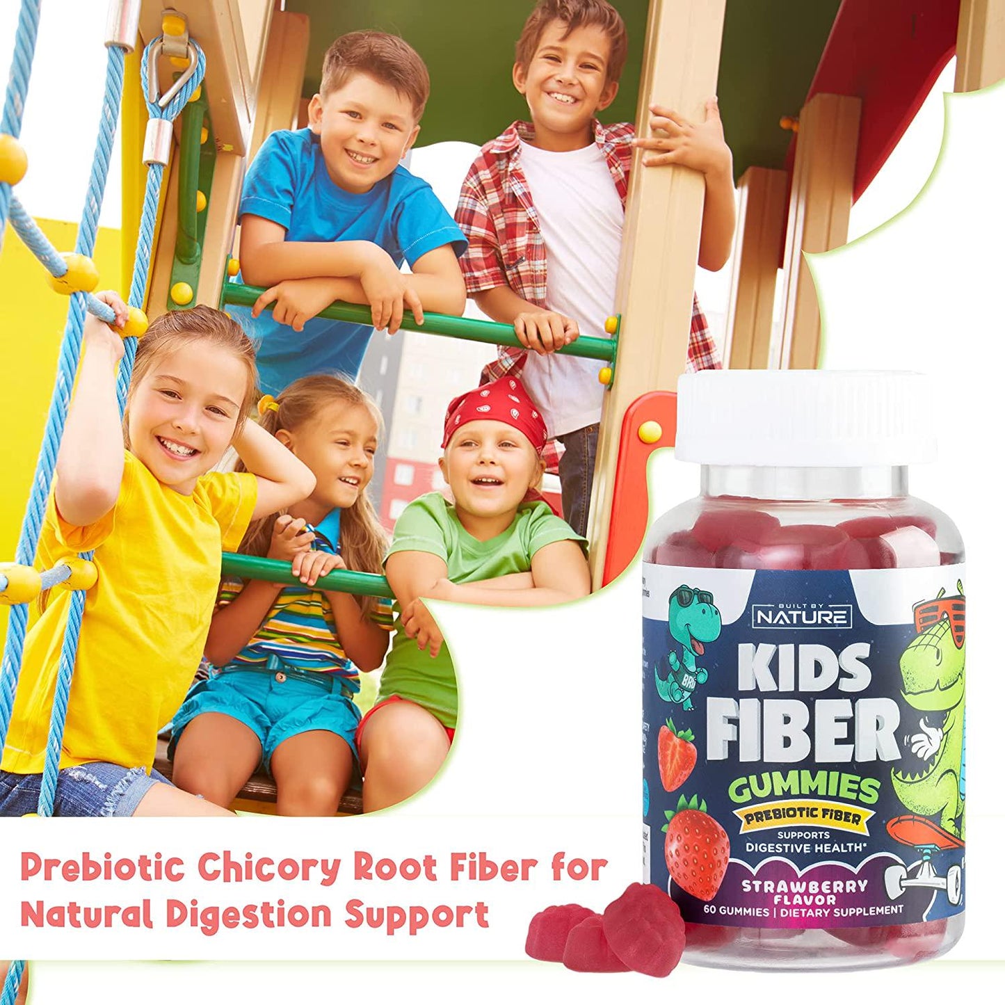 Fiber Gummies for Kids, Natural Dietary Fiber Gummy Supplement with Prebiotic Chicory Root Fiber, Natural Digestion Support, Tasty Strawberry Flavor, 60 Gummies