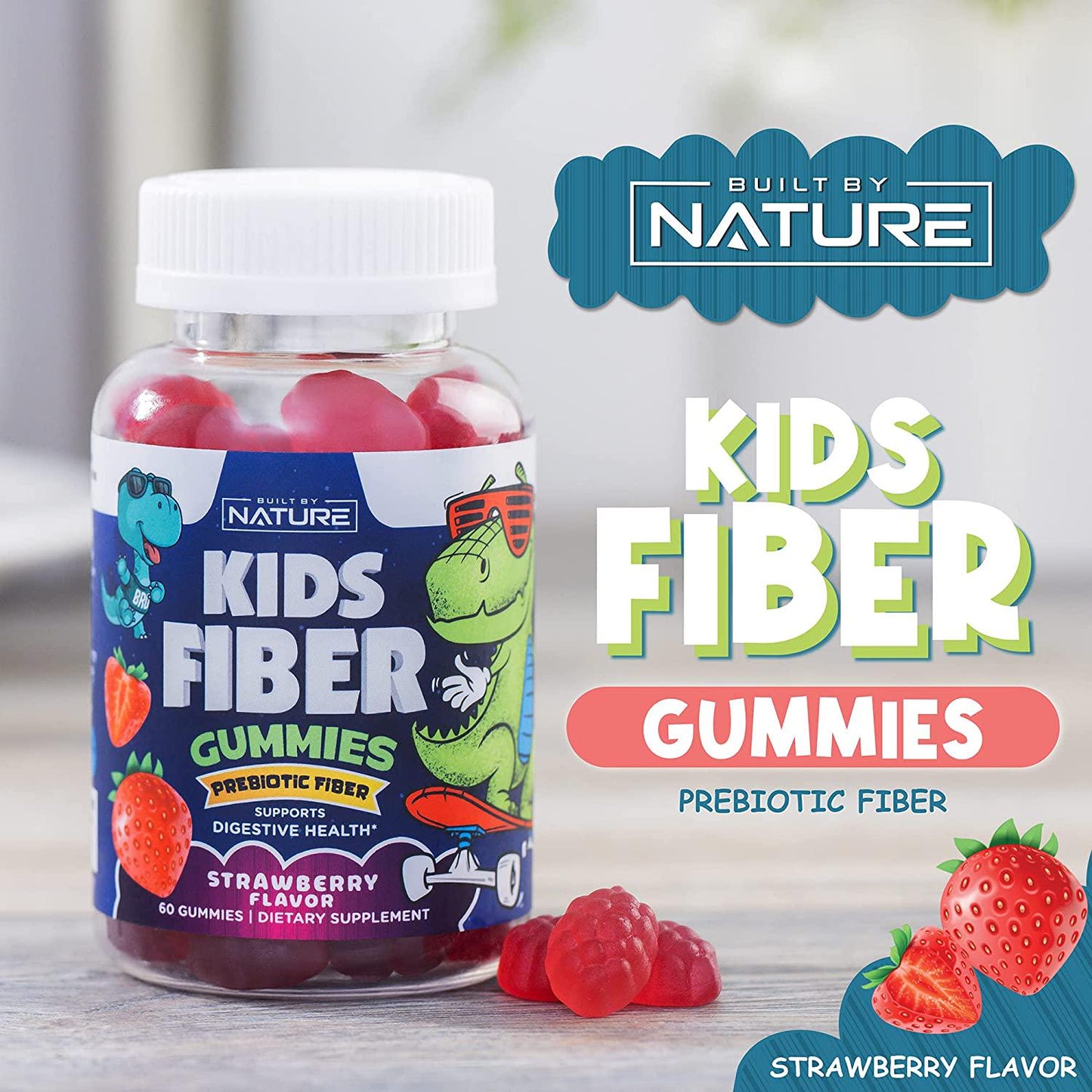 Fiber Gummies for Kids, Natural Dietary Fiber Gummy Supplement with Prebiotic Chicory Root Fiber, Natural Digestion Support, Tasty Strawberry Flavor, 60 Gummies