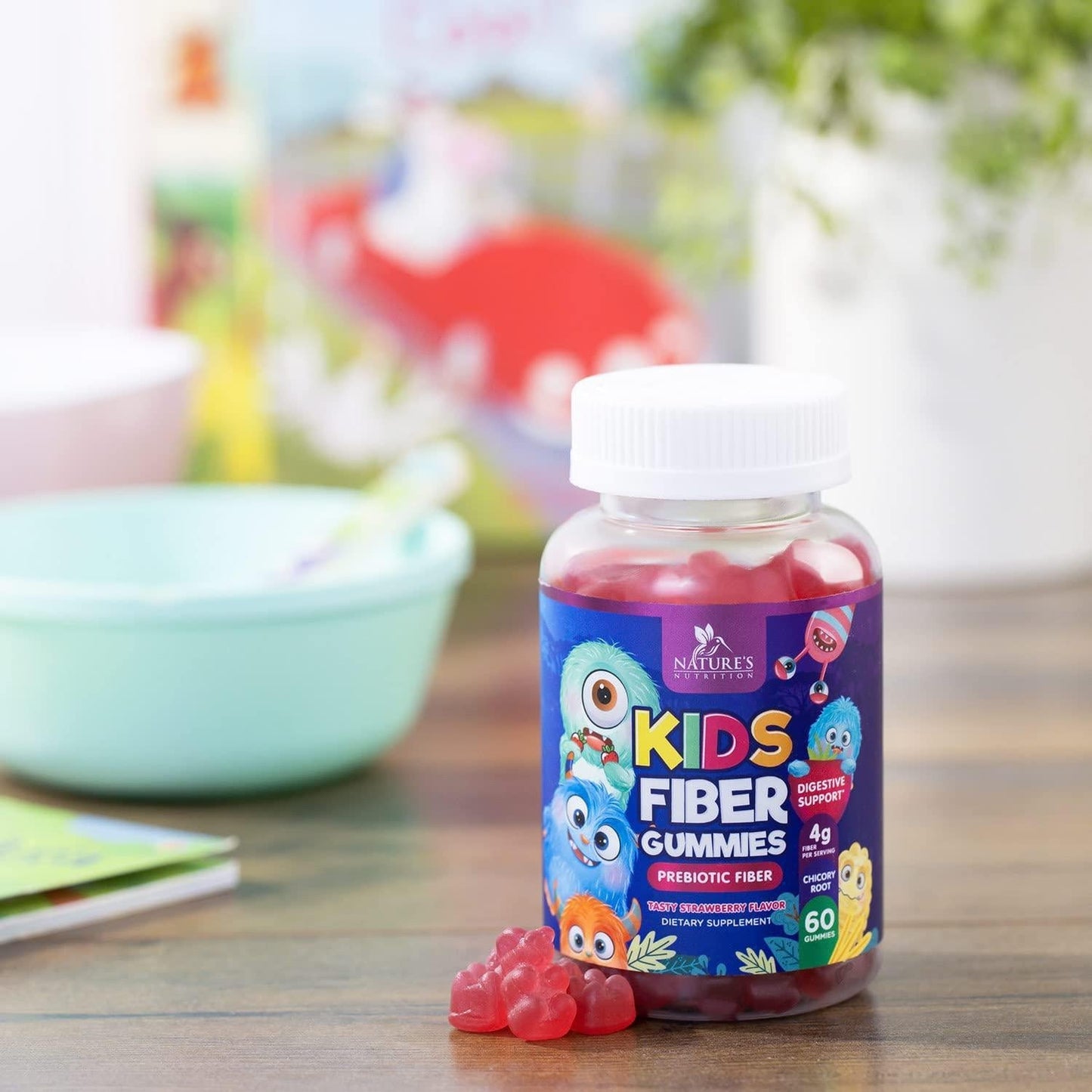 Fiber Gummies for Kids - Natural Dietary Fiber Supplement Supports Digestive Health with Chicory Root - Yummy Strawberry Flavor Gummy - 60 Gummies