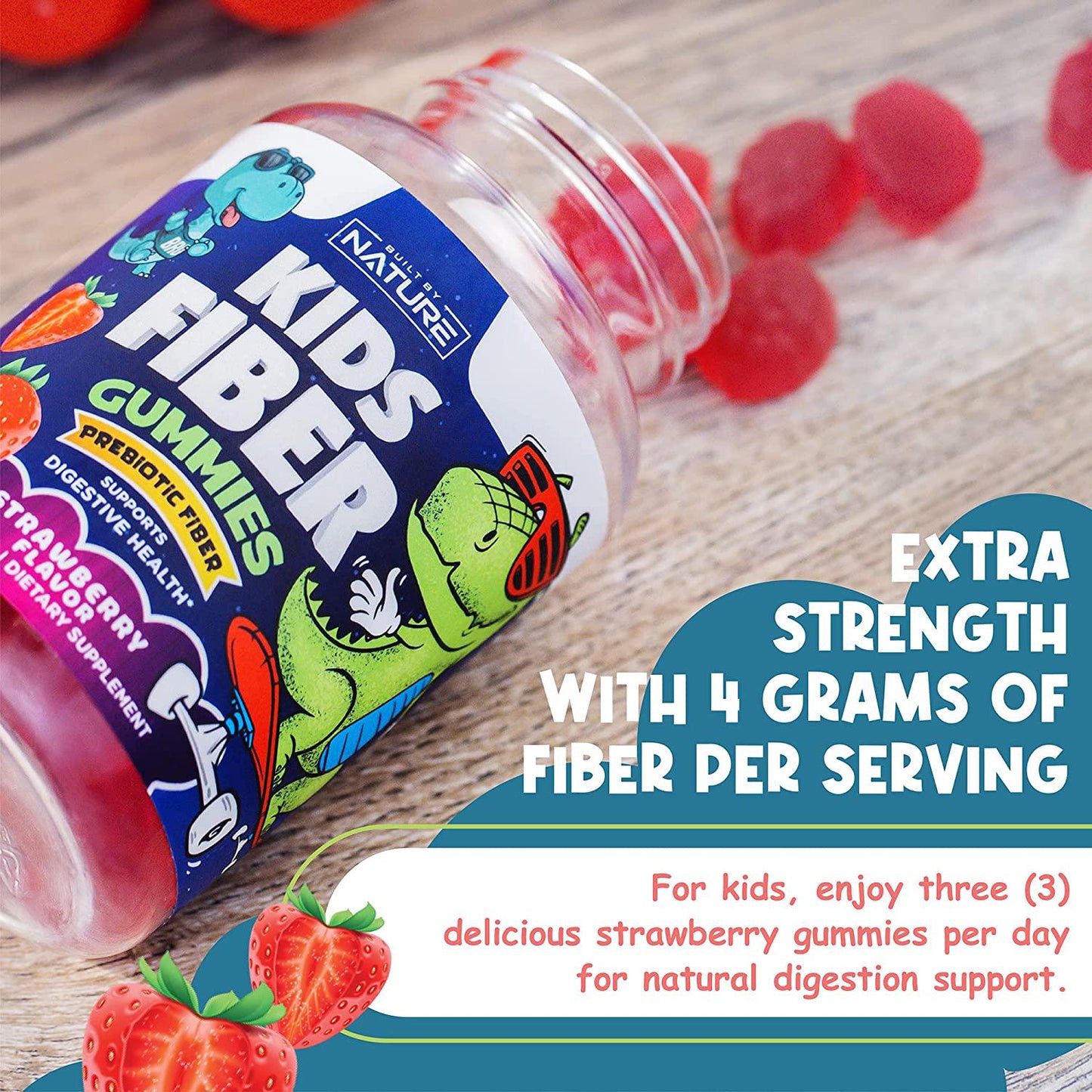Fiber Gummies for Kids, Natural Dietary Fiber Gummy Supplement with Prebiotic Chicory Root Fiber, Natural Digestion Support, Tasty Strawberry Flavor, 60 Gummies